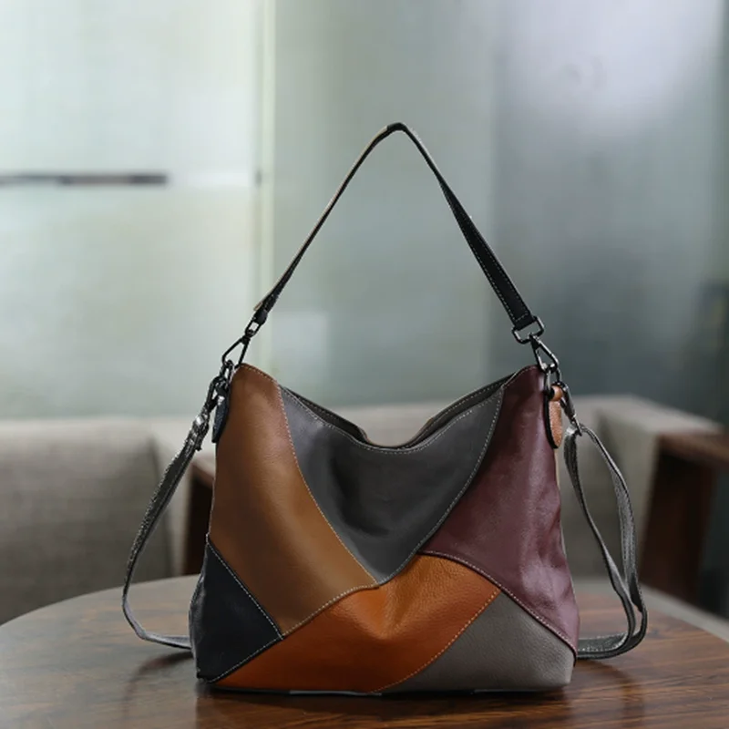 Handcrafted top-grain cowhide colorful patchwork single-shoulder crossbody bag, a fashionable, retro and luxurious fashion bag
