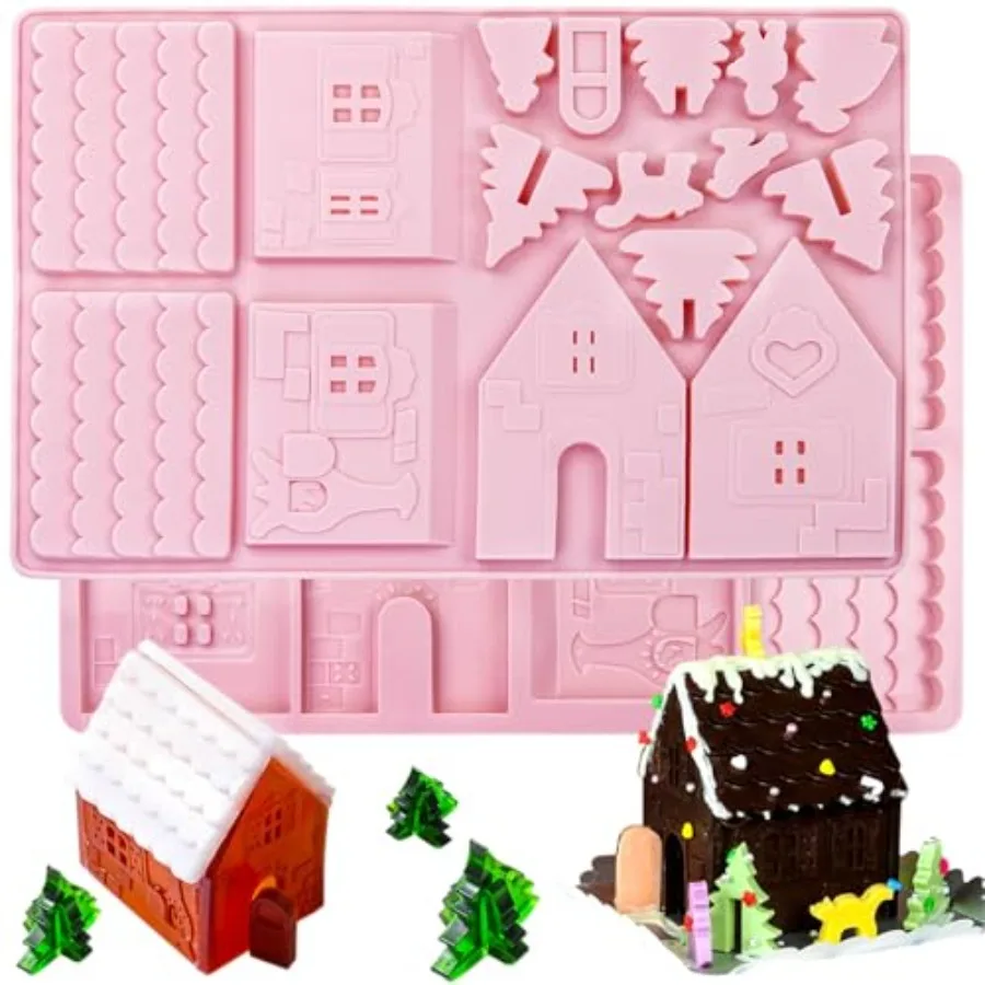 

2 Pack Christmas Silicone Baking Mold3D Christams Ginger House Mold Tray Christmas Chocolate Mold Christams Fondant Mold for Xm