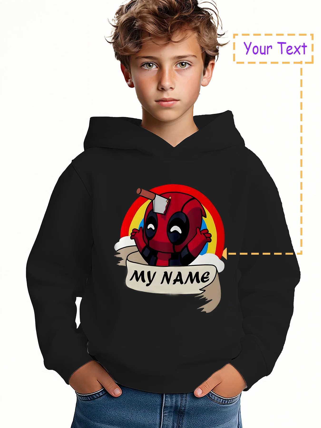 

MINISO Deadpool Rainbow Hoodie - Deadpool rainbow background funny pattern, personalized trendy style, creative street, fun part