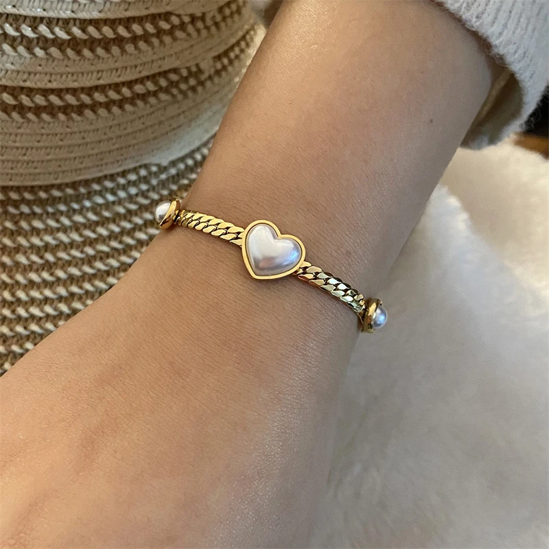316L Stainless Steel New Fashion Fine Jewelry Set Love Heart Shaped Pearl Charm Chain Necklaces Bracelets Earrings For Women