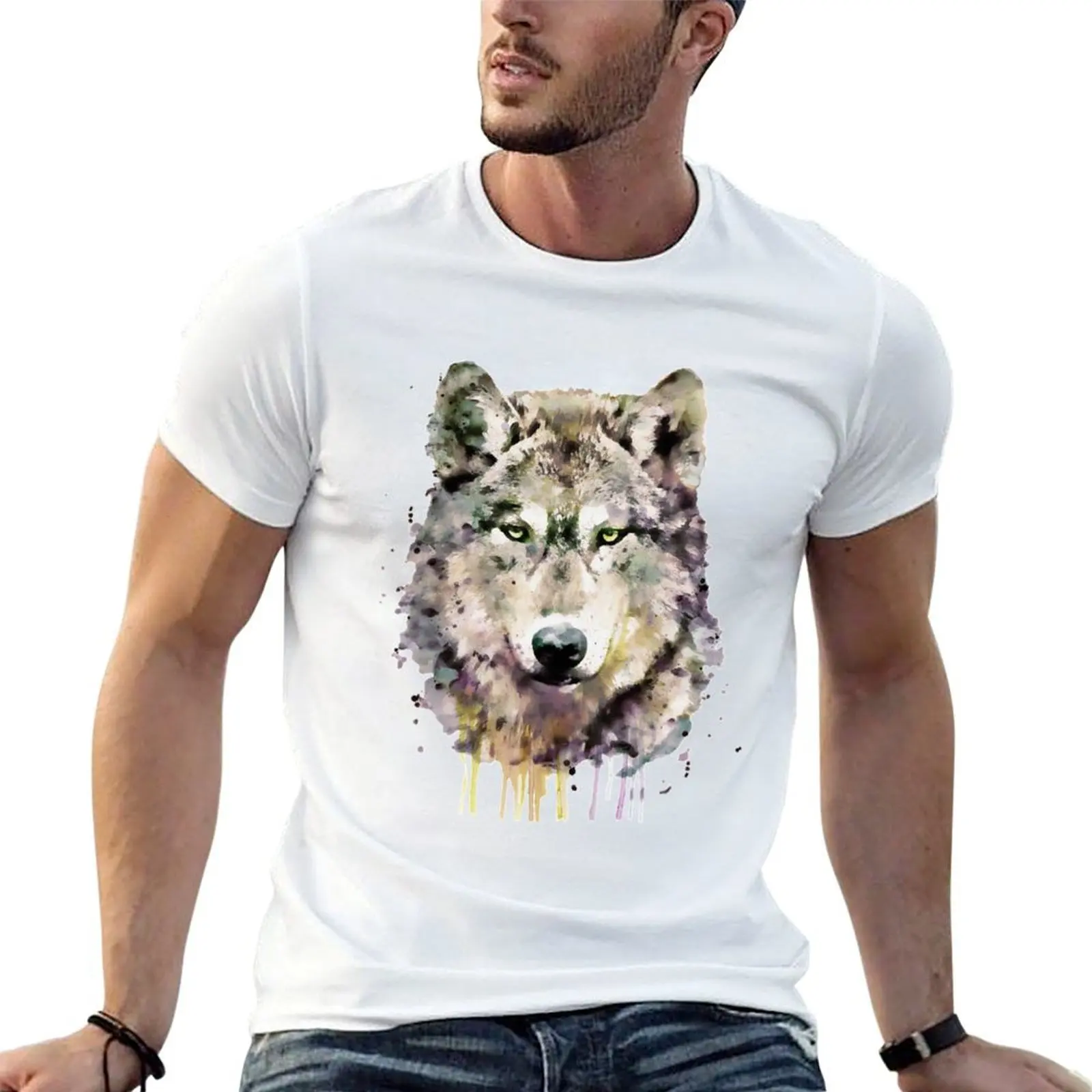 Watercolor realistic wolf head T-Shirt Soft Casual Short Sleeve Cotton Tee