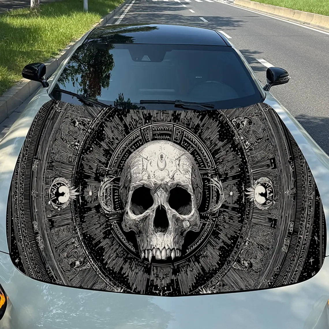 

Classic Intricate Skull Car Hood Stickers - Self-Adhesive, Waterproof and Durable Vinyl Wrap, Decorate And Protect Your Car, Fit