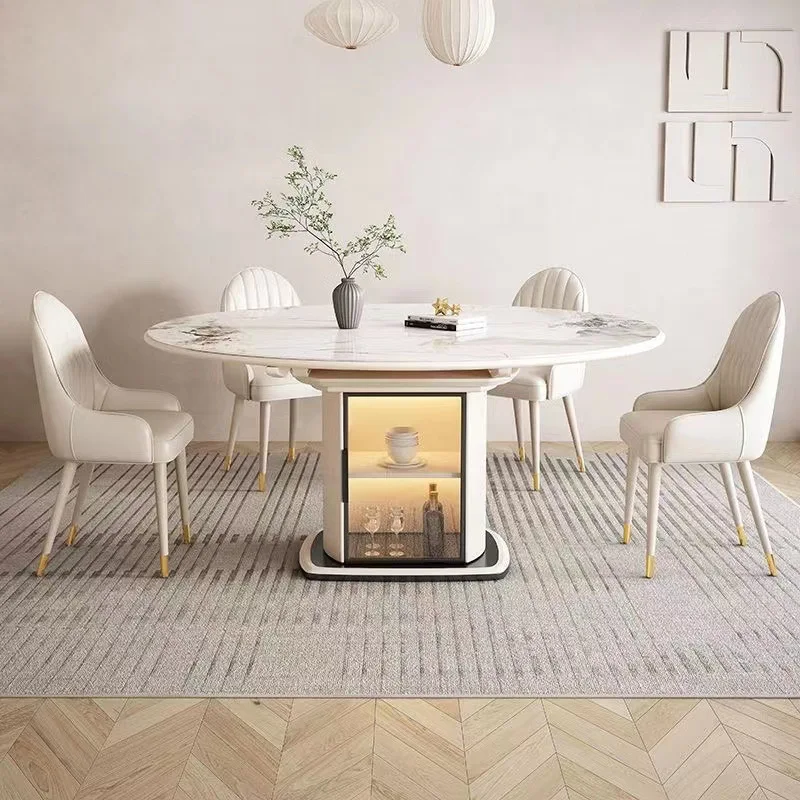 Cream Style Rock Slab Modern Minimalist Household Small Apartment Retractable Folding Storage Round Dining Table