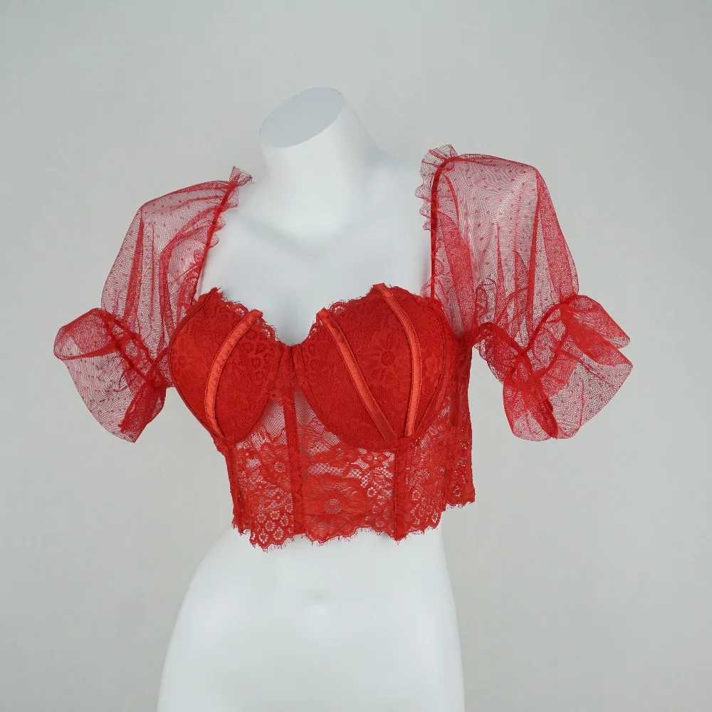 

Fashion Nightclub Sexy See-through Underwear Romantic Advanced Lace Half Sleeve Shapewear Top Backless Tube Women