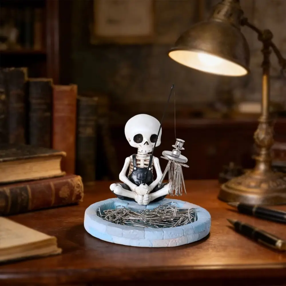 Magnetic Skeleton Fishing Paper Clip Holder Pool-shaped base Creative Design Skull Decor Figurine Fishing Skeleton Resin