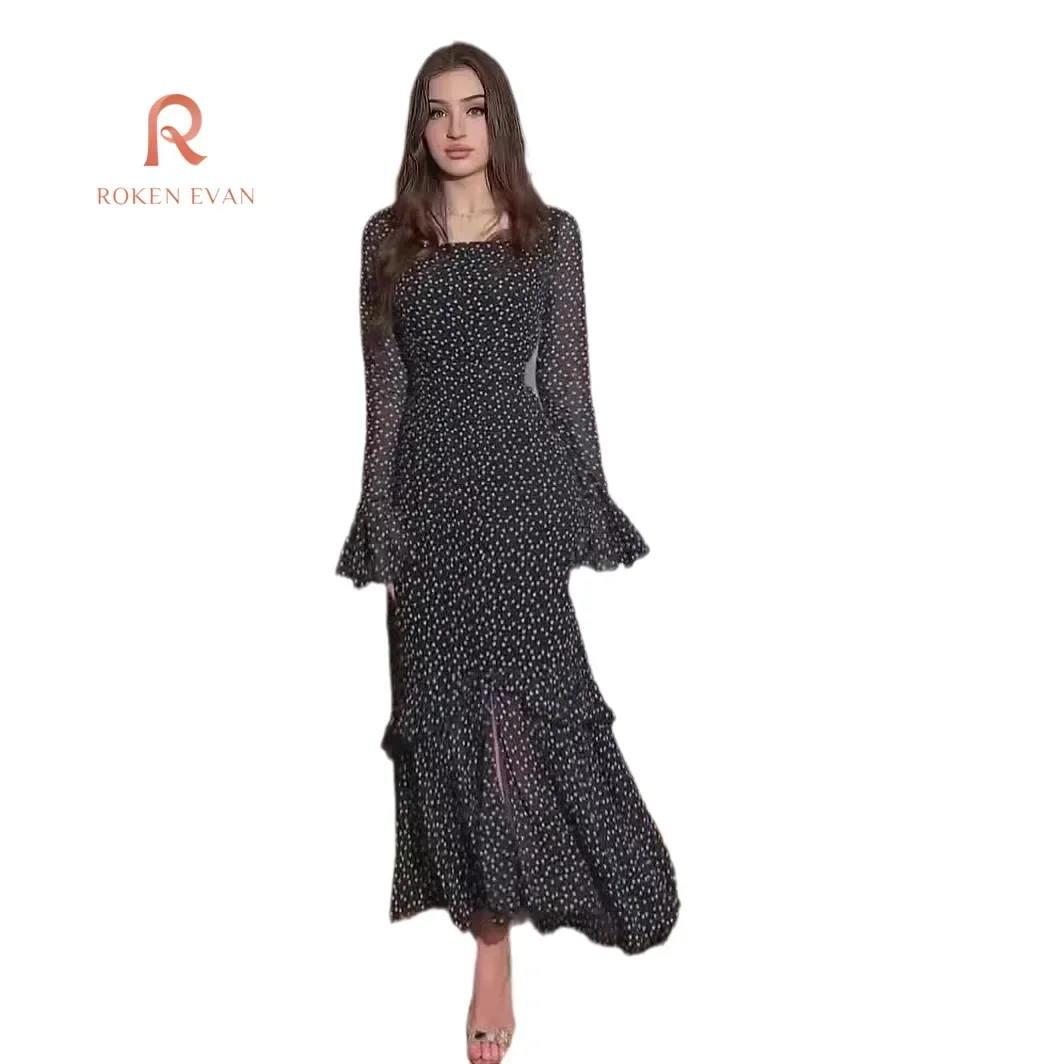 ROKEN EVAN 2024 Spring Autumn new chiffon polka dot lotus sleeve temperament long splicing irregular dress