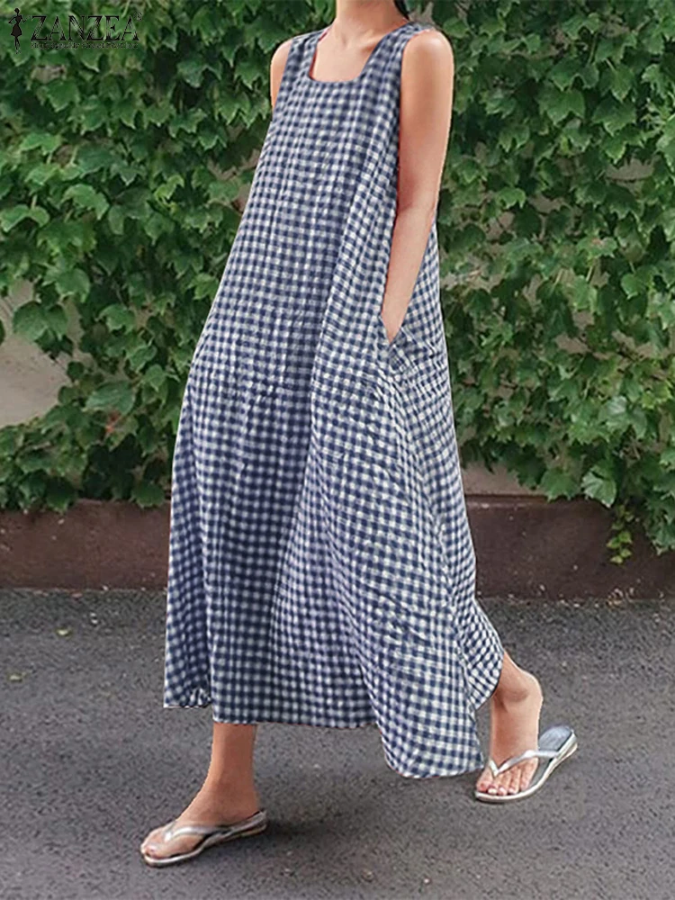 2025 ZANZEA Robe d'été élégante col carré sans manches Robe d'été femmes Plaid à carreaux robes bohême ample vacances Robe caftan