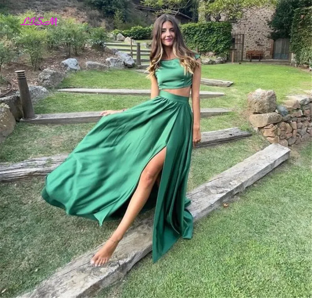 Vestidos de Noche formales de satén para mujer, sencillos, verdes, 2 piezas, con abertura larga lateral, vestidos de graduación, vestido de dama de honor para fiesta de boda 2023