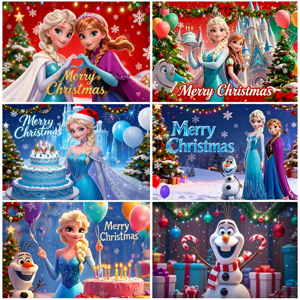 

Disney Frozen Anna And Elsa Merry Christmas Backdrop Cute Olaf Snowman Photography Background New Year Xmas Party Decorations