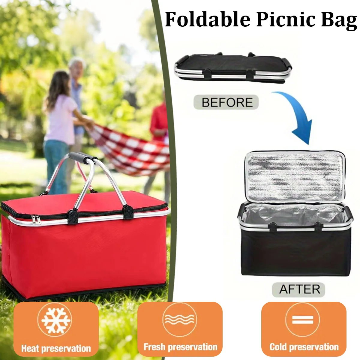 

Складная сумка для пикника, большая емкость, термоизолированная корзина с двойной ручкой для переноски, уличная изолированная корзина-холодильник для хранения для пикника