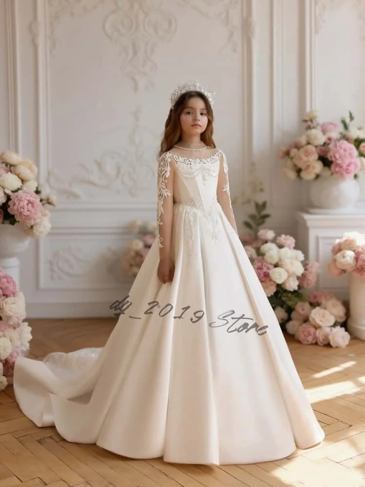 Customized Luxury Satin Flower Girl Dress Lace Sleeve O-Neck Embroidered Train Kid Princess Gown Wedding First Communion Pageant