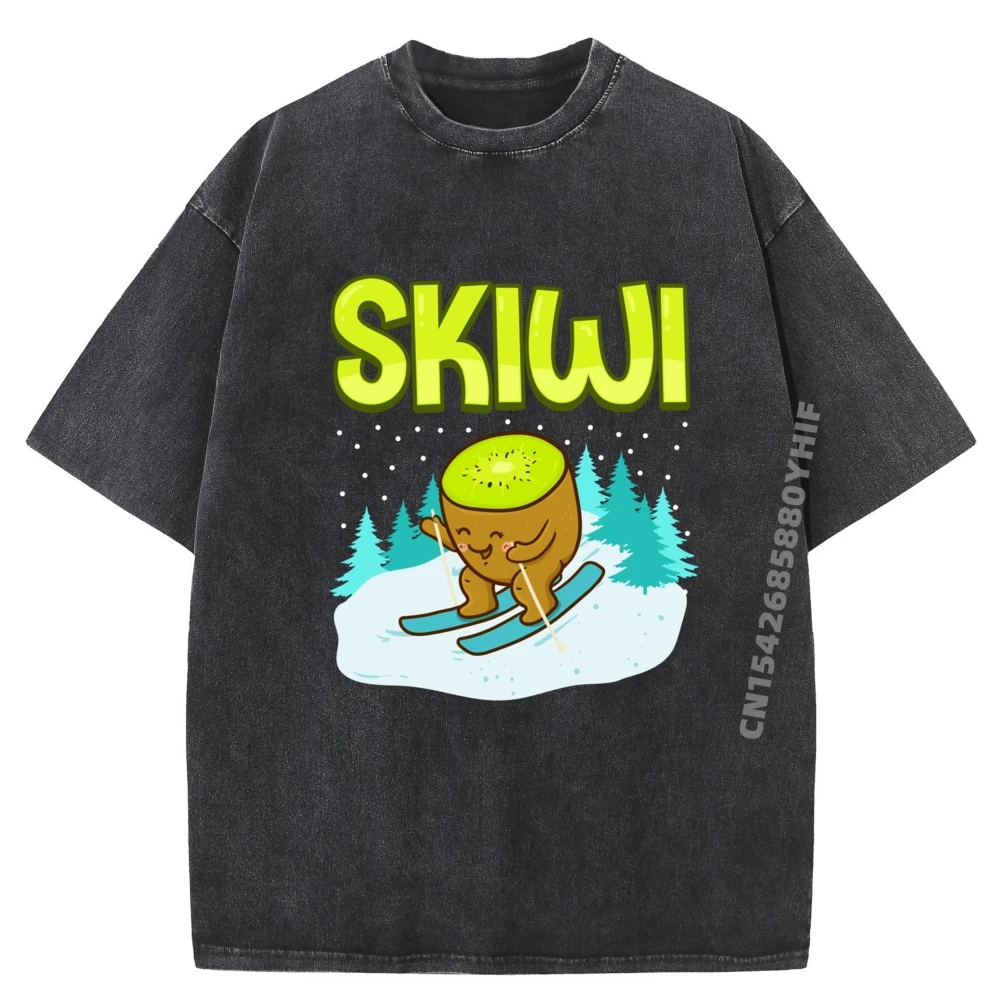 

Kiwi Fruit Skiing Kawaii Winter Men's T-Shirts Mens Graphic T Shirts Mens Funny Washed Printed Clothes