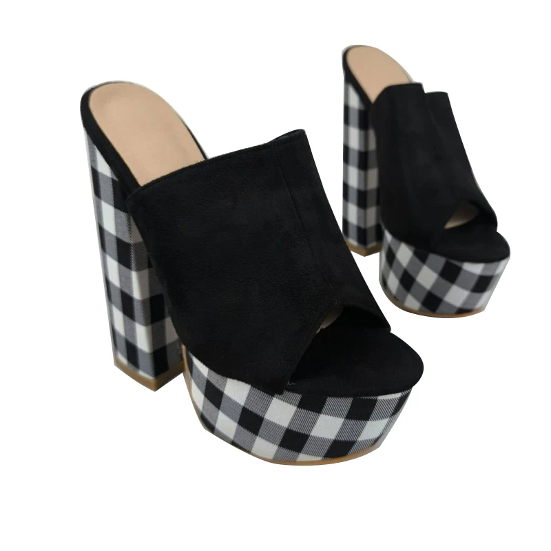 

DIZHUANG Fashionable women's high-heeled slippers. Black suede slippers. About 15-17 cm heel height. Coarse heeled sandals.34-46