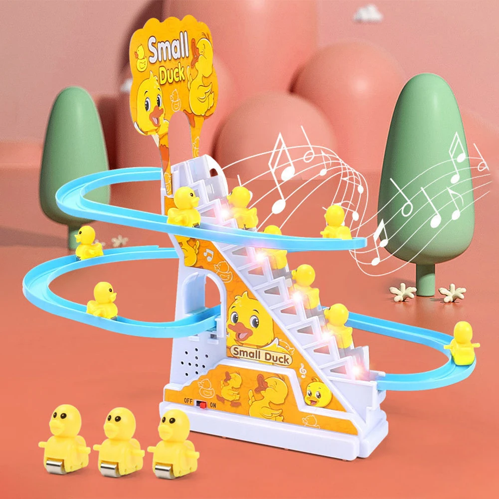 Juego de tobogán de montaña rusa de patos, estilo Montessori, preescolar, escalada, patos, pista de carreras, luces, música, juego de pista educativo