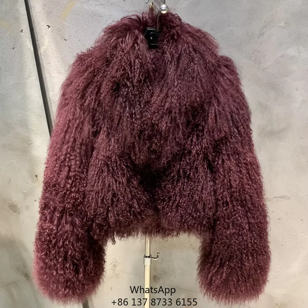 

Зимнее теплое пушистое пальто 2024 года из монгольского овечьего меха, женские куртки с воротником из бордового меха