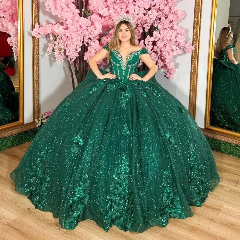 

Customized Emerald Green Shiny Quinceanera Dresses Off Shoulder Princess Applique Flower Beads Tull Sweet 16 Birthday Party Gown