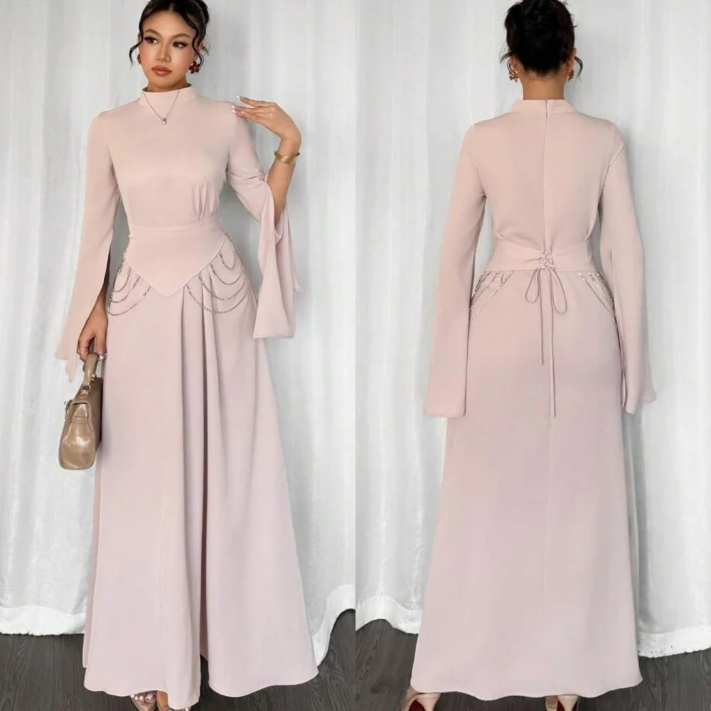 

Customized Jersey Beading Sash High Collar A-line Midi Dresses Bespoke Occasion Simple Fashion Sizes Available Party