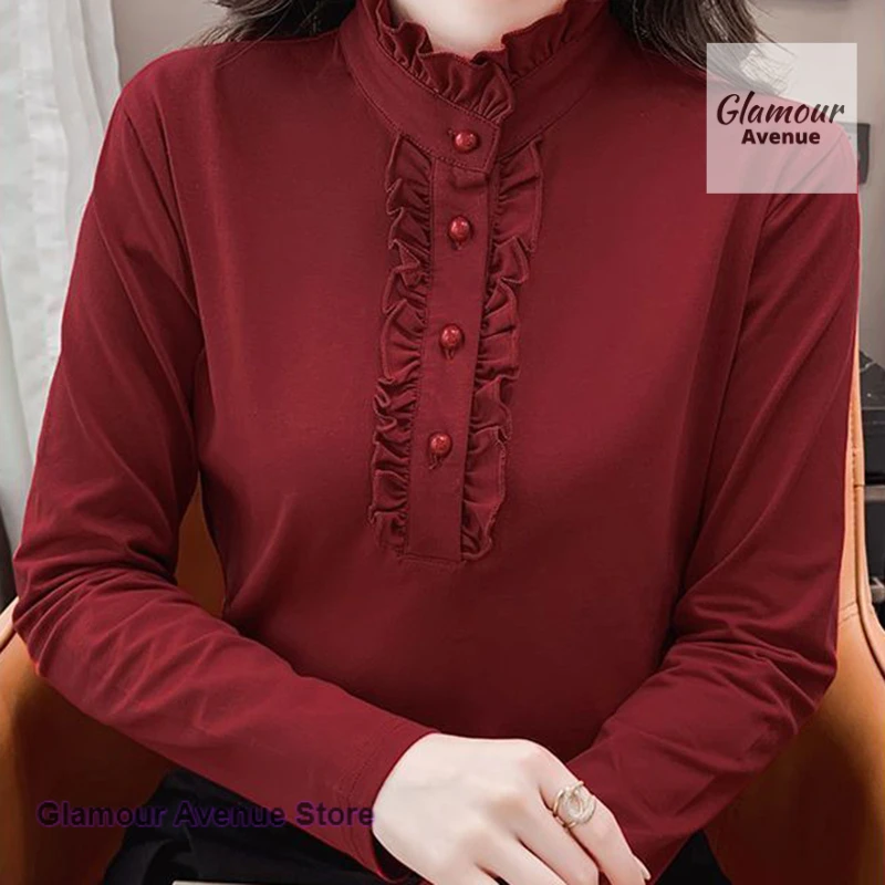 

French wood ear velvet solid color bottoming shirt women's spring and autumn new fashion slim with mother's warm and casual top