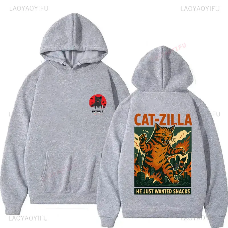 Arte japonés Catzilla gato divertido gato gráfico manga larga pulóver calle moda sudadera Otoño Invierno hombres mujeres Sudadera con capucha