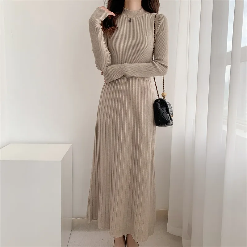 2024 Elegant Socialite Crewneck Knitted Dress Autumn and Winter Slim Fit Inner Matching Coat Base Skirt Long Skirt for Women