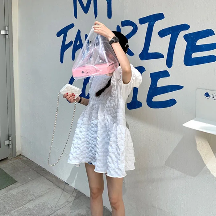 فستان نسائي صيفي جديد بتصميم كوري، بياقة دائرية ولون سادة، بقصة A-Line وأكمام قصيرة، بتصميم منفوش ومريح. #2