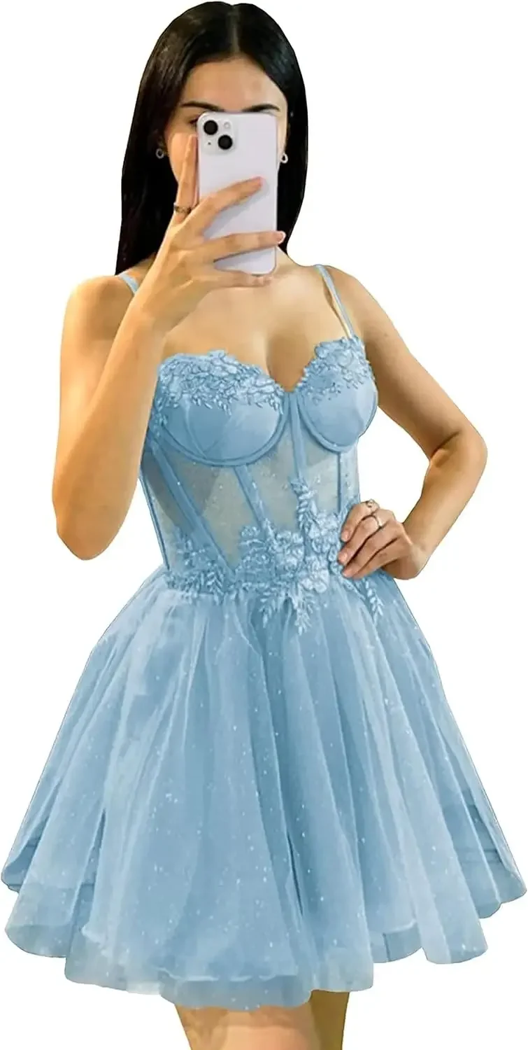 ชุดมินิ Glitter Tulle Homecoming Dress 3D ดอกไม้สปาเก็ตตี้ชุดเดรสสั้นสําหรับวัยรุ่นค็อกเทล