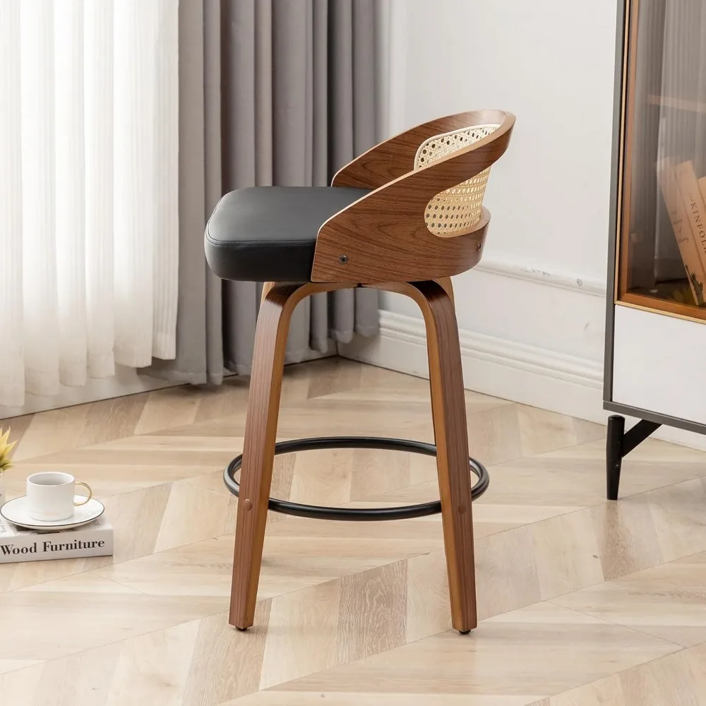 

Set of 3 Mid-Century Modern Bar Stools – 26" Swivel Rattan Base & Black Leather Upholstery, CounterHeight Kitchen Island Stools