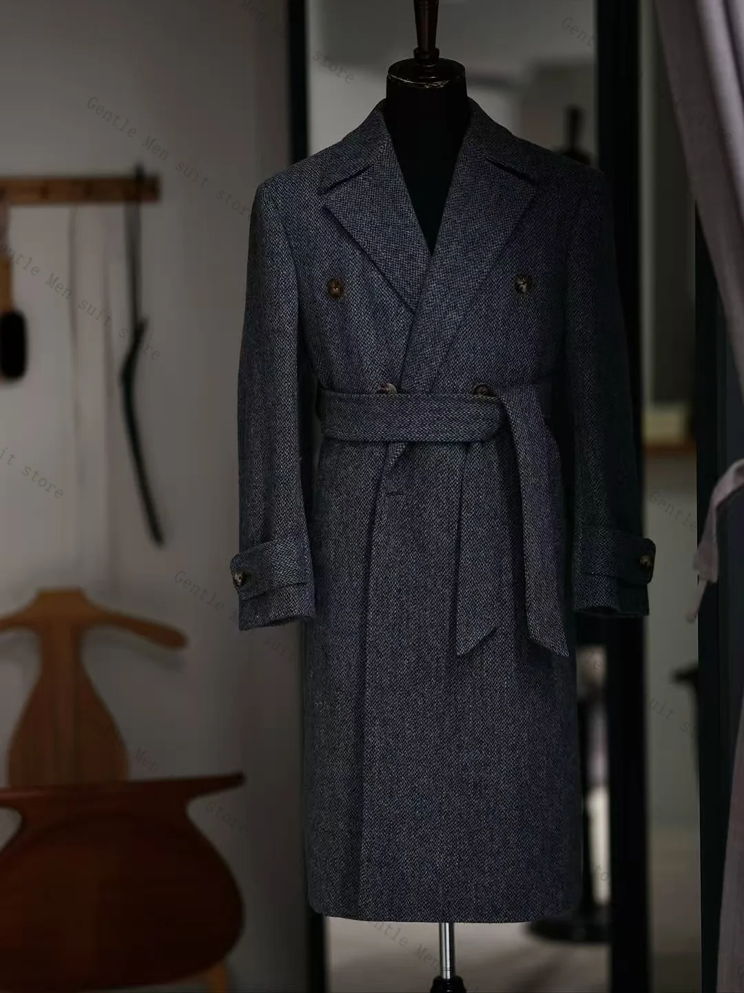 

Herringbone Men Suit 1 Piece Blazer Belted Wool King Coat Wedding Groom Overcoat Winter Customized Formal Office Jacket Outfit