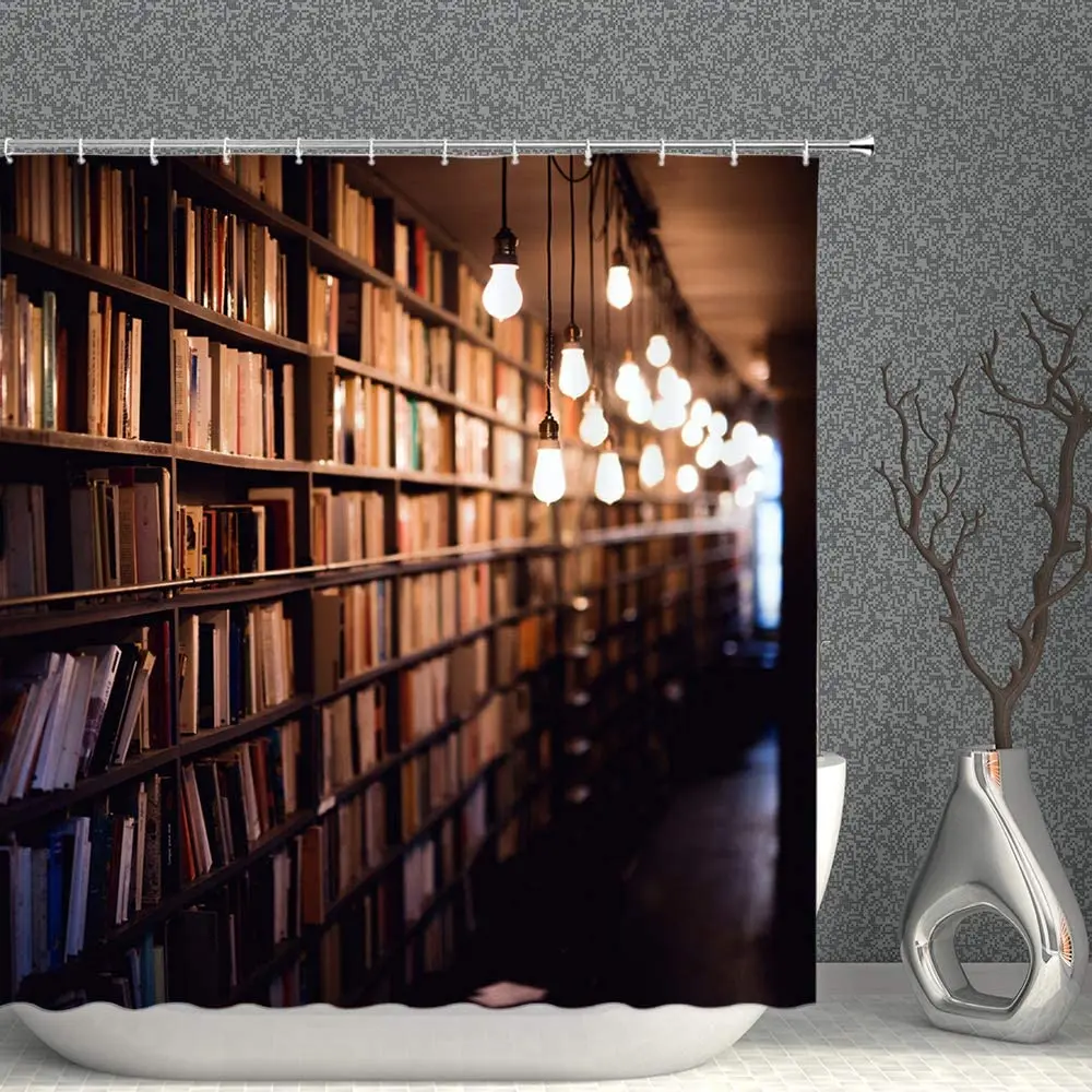 Library Old Wooden Booksheld Shower Curtain Magic Book Design Bath Curtain Study Room Temple Decoration Bathroom Decor Screens