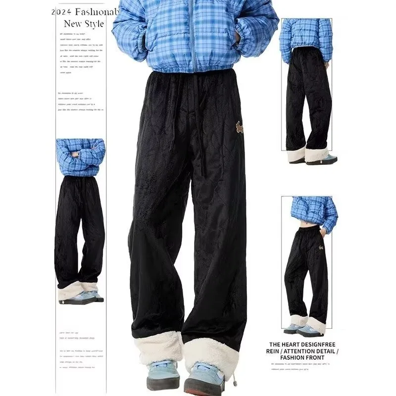 Vintage Sausage Dog Embroidered Wide Leg Cotton Pants for Men and Women in Winter, New Thickened Fleece Splicing Straight Leg Pa
