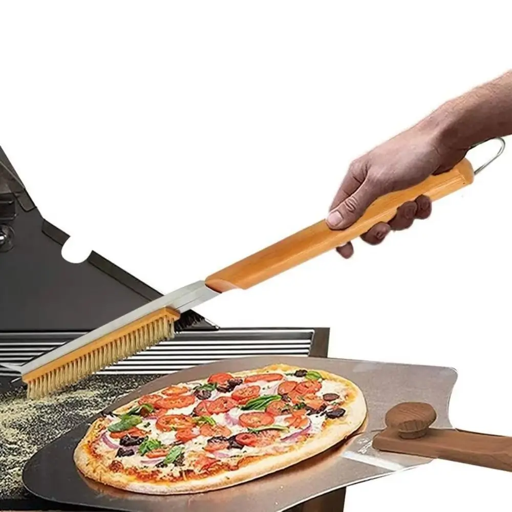 

53.5cm Long Kitchen Pizza Oven Brush with Scraper Wood Handle Grill Cleaning Brush Heat-Resistant Stainless Steel Bristles