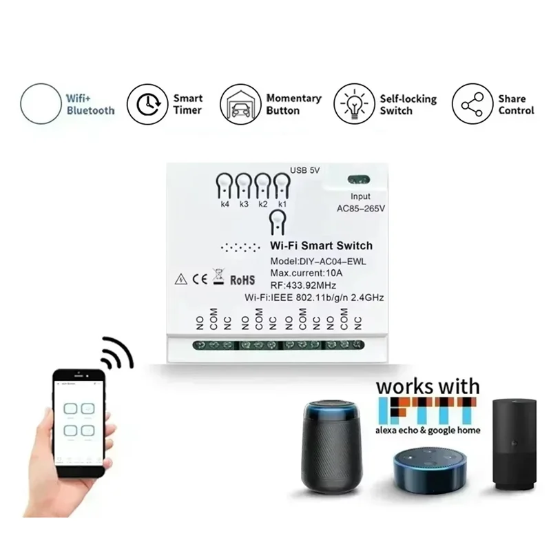 A73E-Ewelink Wifi+RF433 Smart Switch 85-265V Wifi Smartlife Home Automation Module Garage Door Curtain Motor Module