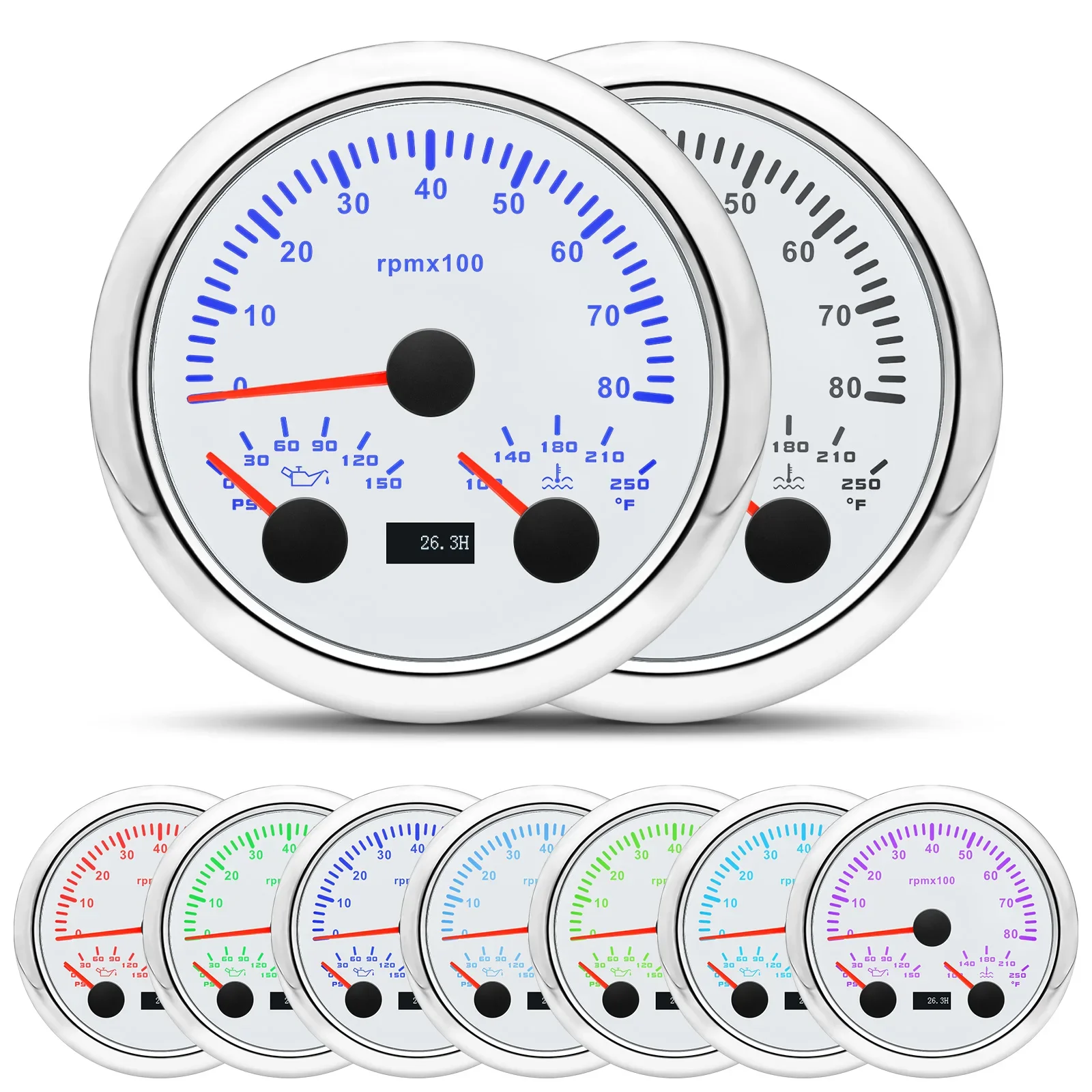 12V Car Boat Gauge 3 in 1 Speedometer 0-8000rpm Oil Pressure Gauge 0-150 Psi Water Temperature Gauge 100-250°F with 7 Color