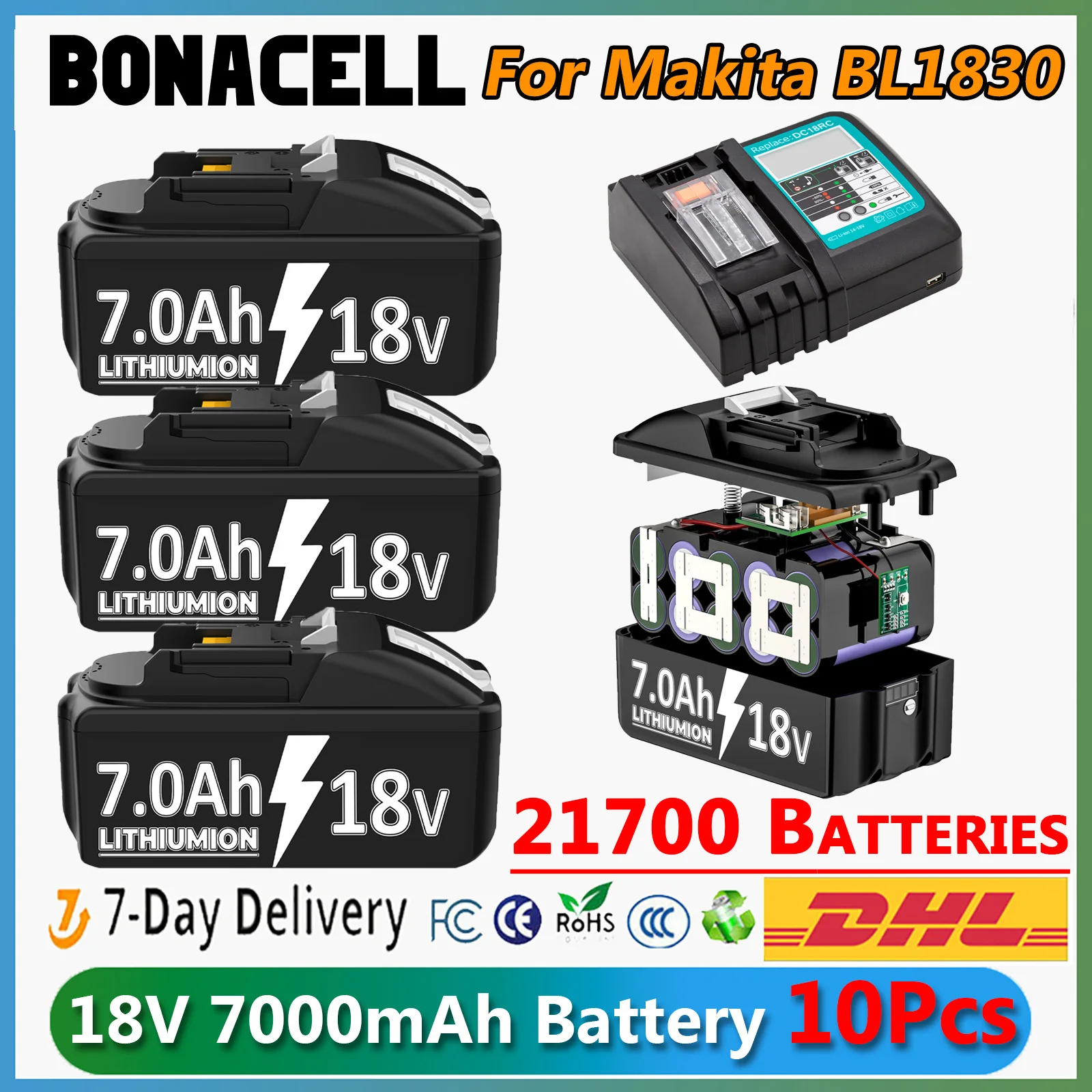 For Makita BL1830 7000mAh Battery 21700 Batteries 18v BL1850B BL1850 BL1840 BL1860 Battery & Charger 7.0Ah Replacement Batteries