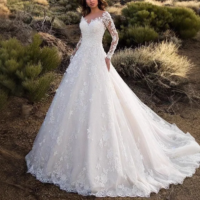 New Women's Clothing Sexy Heavy Industry Lace Wedding Dress Flower Trailing Big Swing Evening Dress