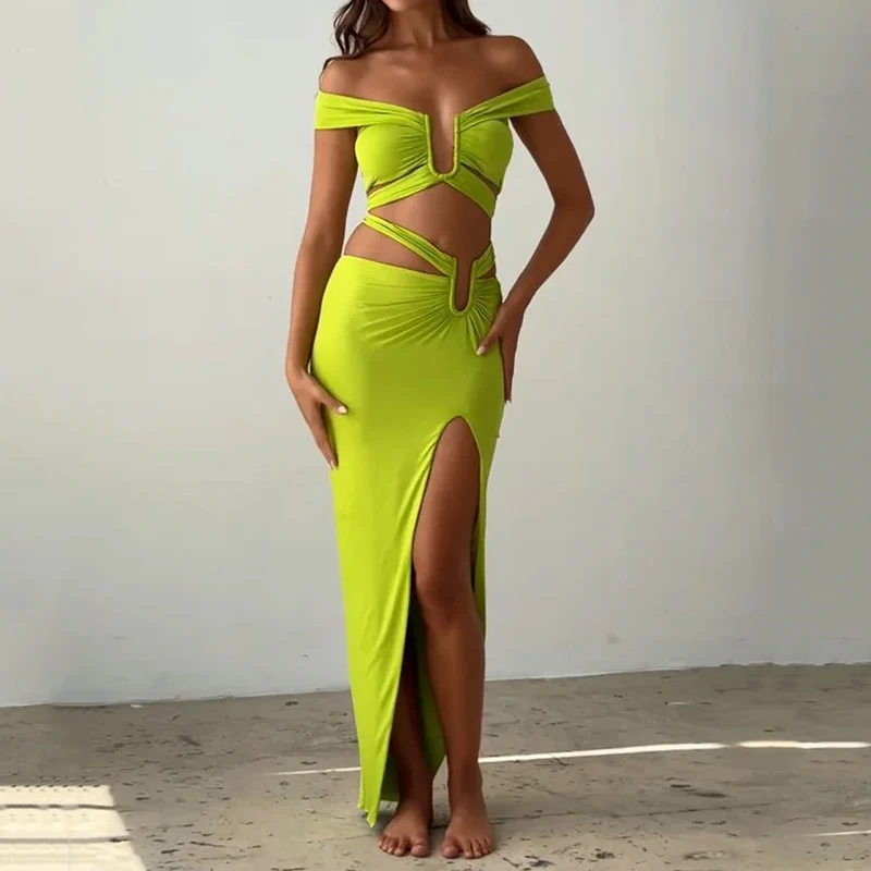 Waytobele 2 Piece Set Women Summer Sexy Fashion Solid Off Shoulder Cut Out V Neck Short Top Irregular Slit Slim Long Skirt Sets