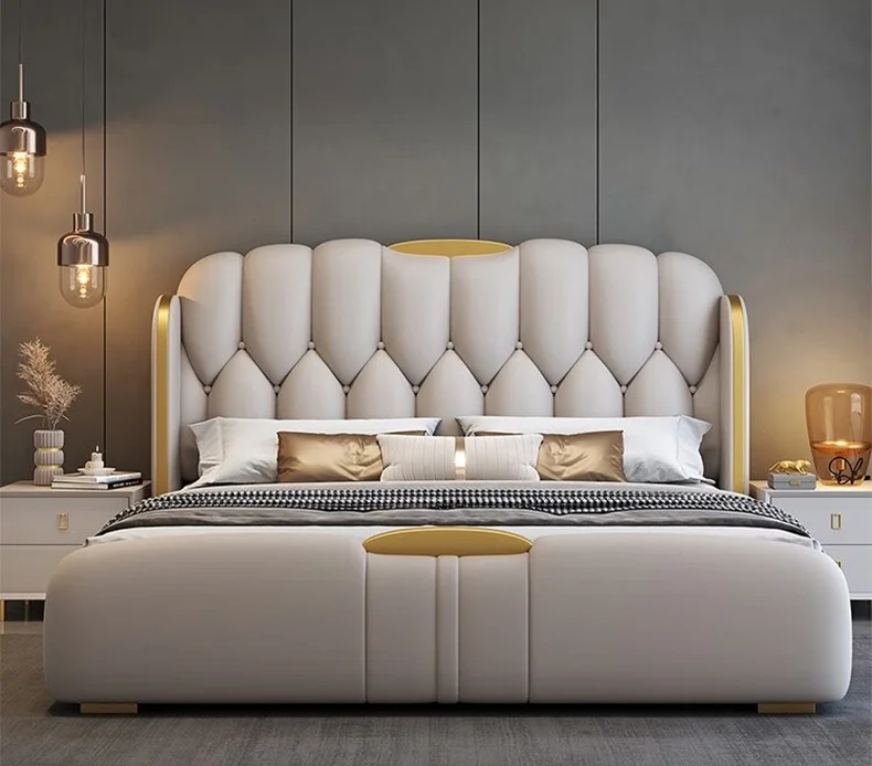 

Hot Selling Soft Double Bed Wedding Faux Leather Metal Up-holstered King Queen Lighted Bed Master High Quality Bedroom Furniture