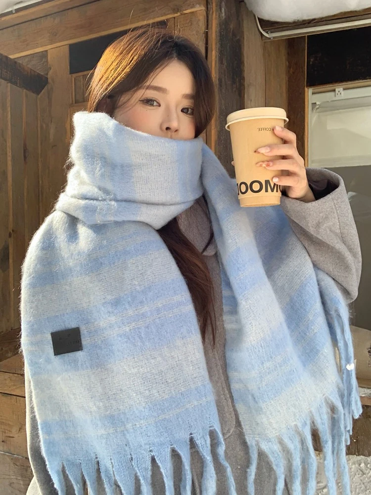 

Милый ретро полосатый женский и мужской шарф, зимний шарф, пашмина Mujer Femme, платок Bufanda, мягкая шаль с кисточками, унисекс, студенческая новинка