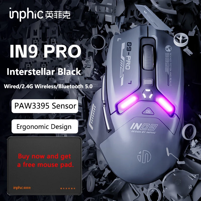 INPHIC IN9PRO Wireless Gaming Mouse PAW3395 Sensor 26000DPI 8K Hz RGB Backlit Ergonomic Gaming Mice for Computer