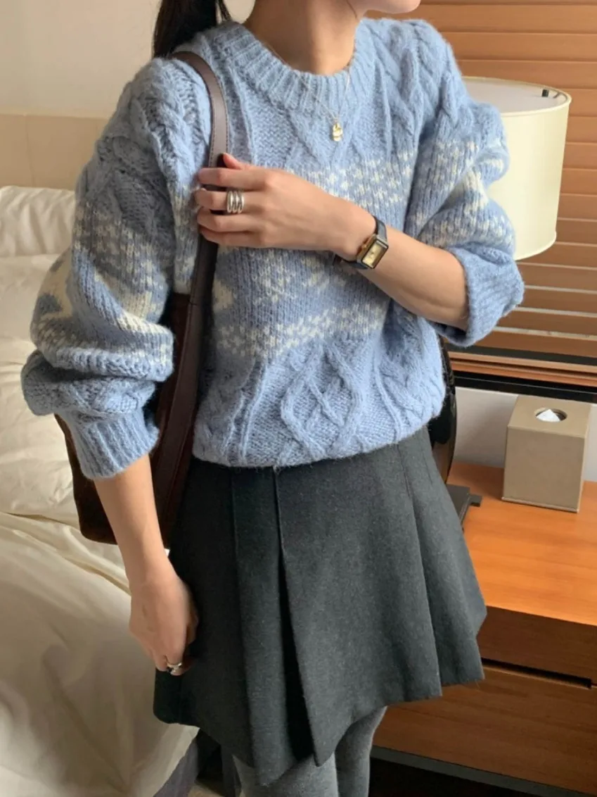 Chic Autunno Inverno Colore Blo Vintage Twisted Lungo Sve rotondo Ne Maglione Versatile Materiale da donna di alta qualità