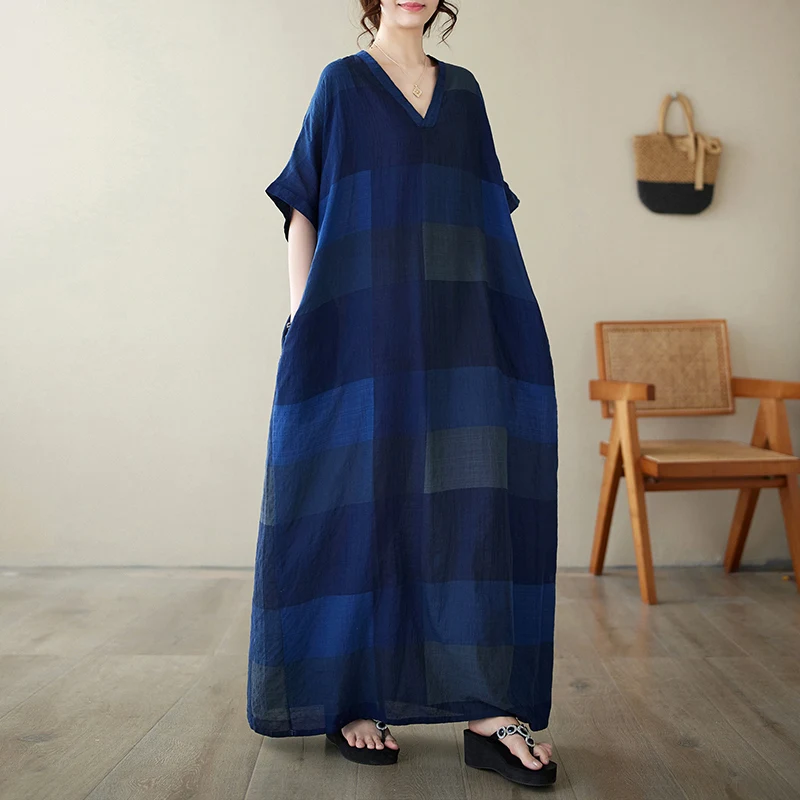 

Summer V-Ne Cotton Lin Loose Long Beach Skirt Vaion Sle Women's plus Size Gown Thin Model Commute id Pattern Dr