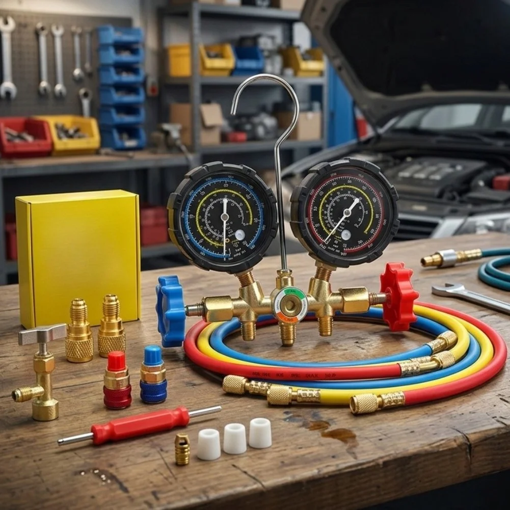 AC Manifold Gauge Set Dual Pressure For HVAC Refrigerant Charging With Sight Glass Alloy Body And Hoses R22 R410A Tool Kit