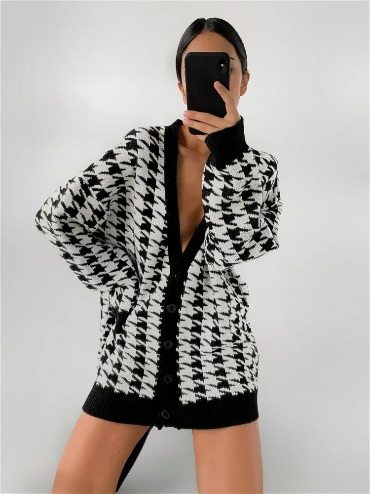 Fashion Women\'s Sweater V Neck Lattice Loose Long Sleeve Cardigan for Women Knitting Versatile New Women\'s Cardigan