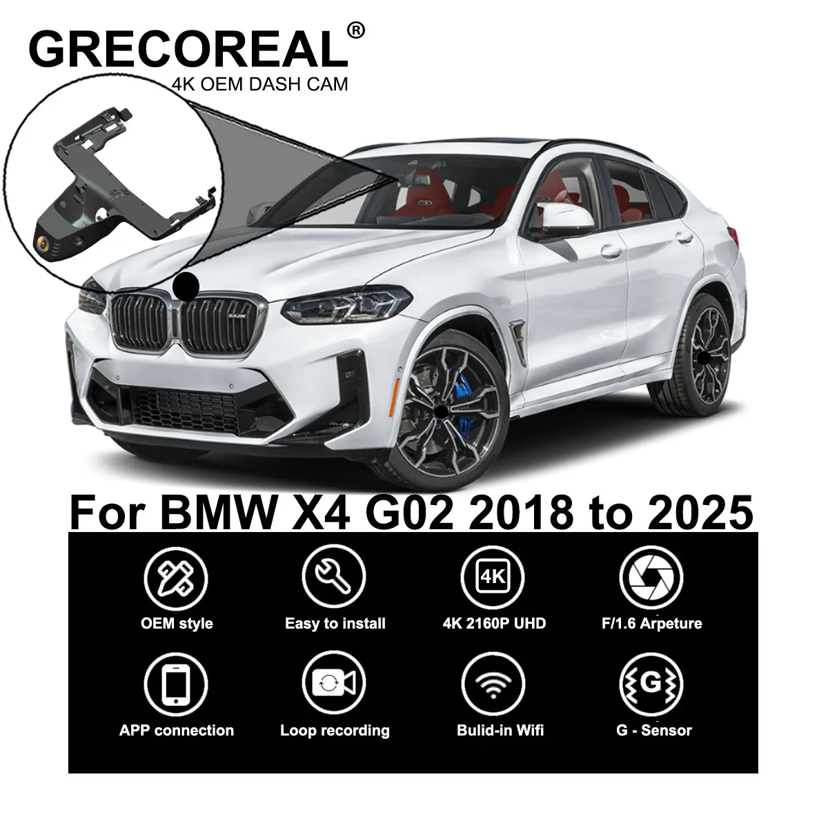 

GRECOREAL 4K Dash Cam Front and Rear 2160P WiFi Car Dual Dashcam APP Control Easy Install Plug Play Compatible with BMW X4 G02
