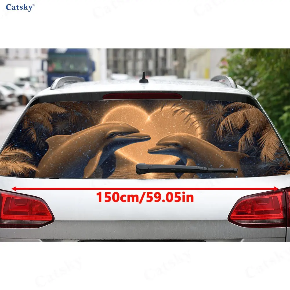 Heart-shaped Cute Dolphin Art Romantic Pattern PVC Perforated Car Vinyl Wraps, Durable Car Rear Windshield Sticker, Waterproof C