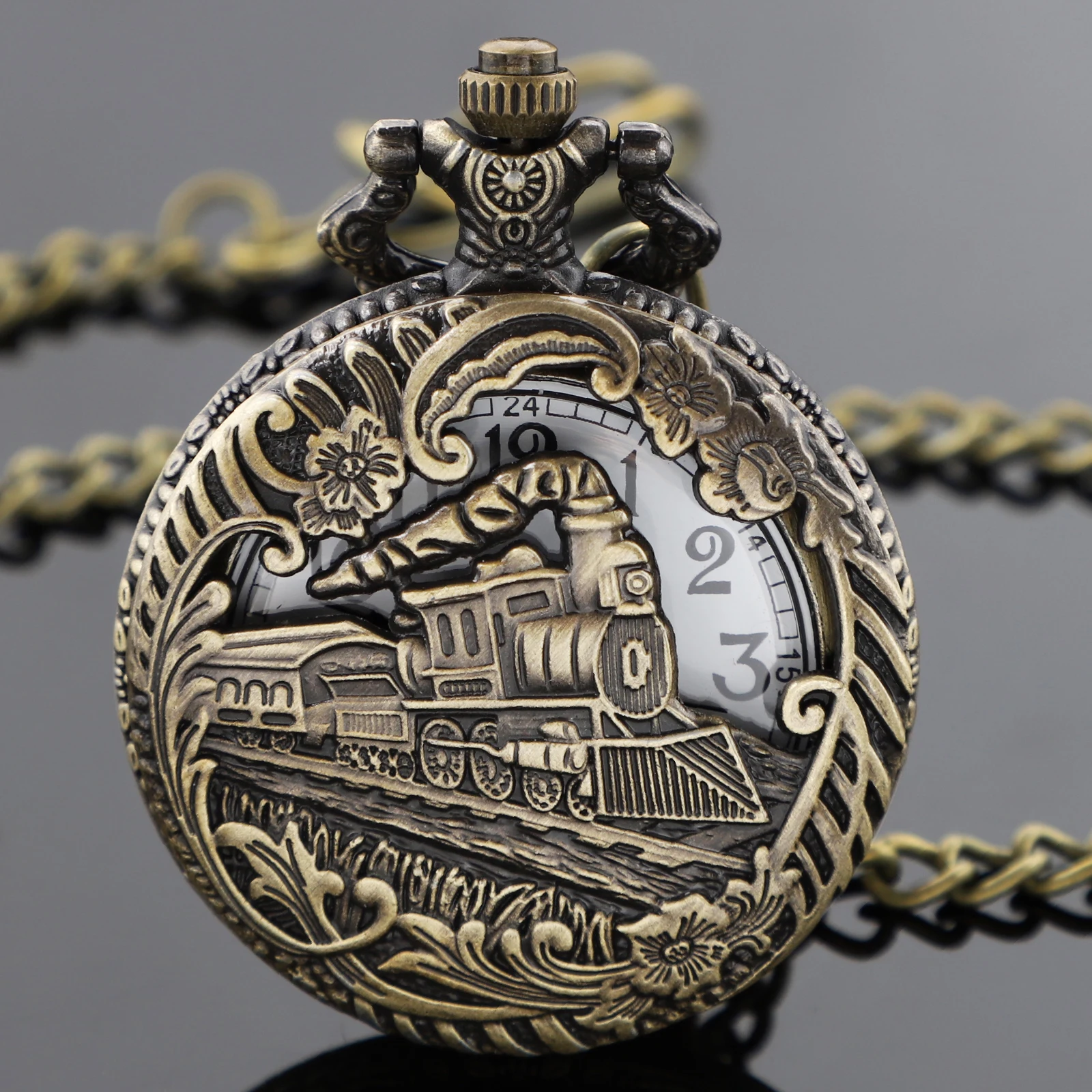 Orologio da taschino al quarzo con motore a treno in bronzo retrò, collana da donna, orologio a catena, migliori regali per uomo, miglior souvenir