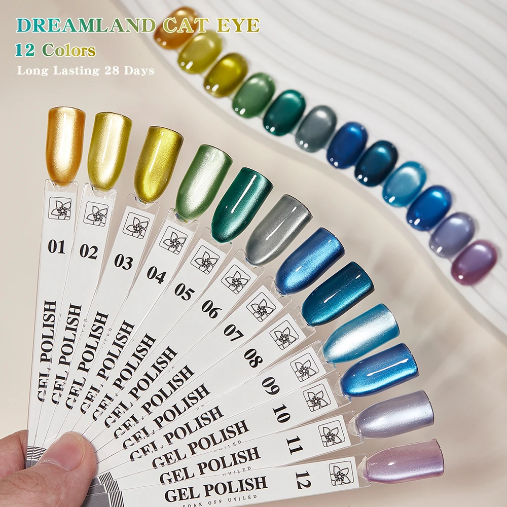 Vendeeni 12 Colors/Set Aurora Glass Beads Cat Eye Gel Nail Polish Magnetic Crystal Cat Eye UV Soak Off Gel Varnish With Display