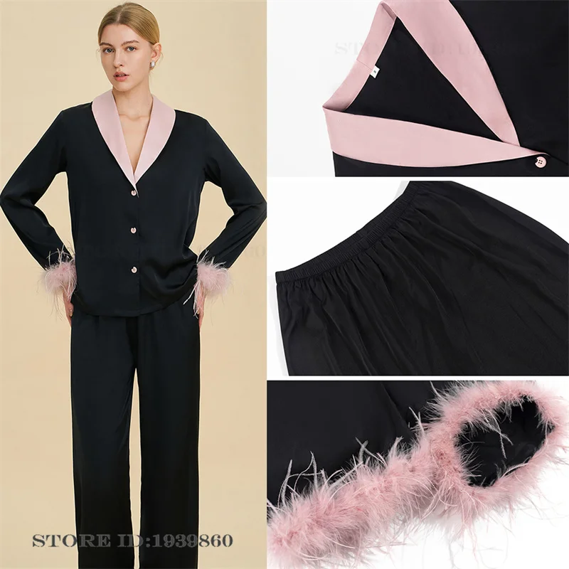 

High Quality Women's Pajamas Set Loungewear Silky Satin Imitation Cellulose Acetate Sleepwear Pijamas Suit Elegant Homewear