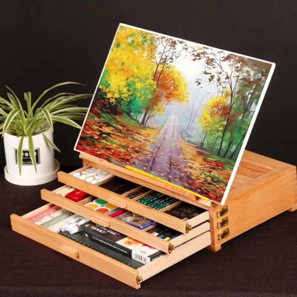 Adjustable Beech Wooden Table Easel Professional Oil Paint Art Painting Easel Box Folding Multifunction Sketch Drawer Box