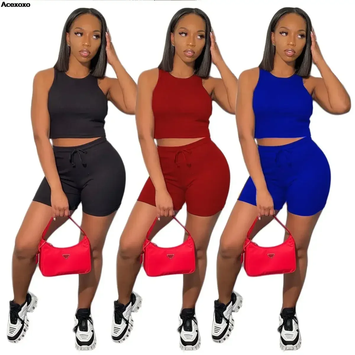 

Summer new women's solid color casual sports vest drawstring leggings two-piece set